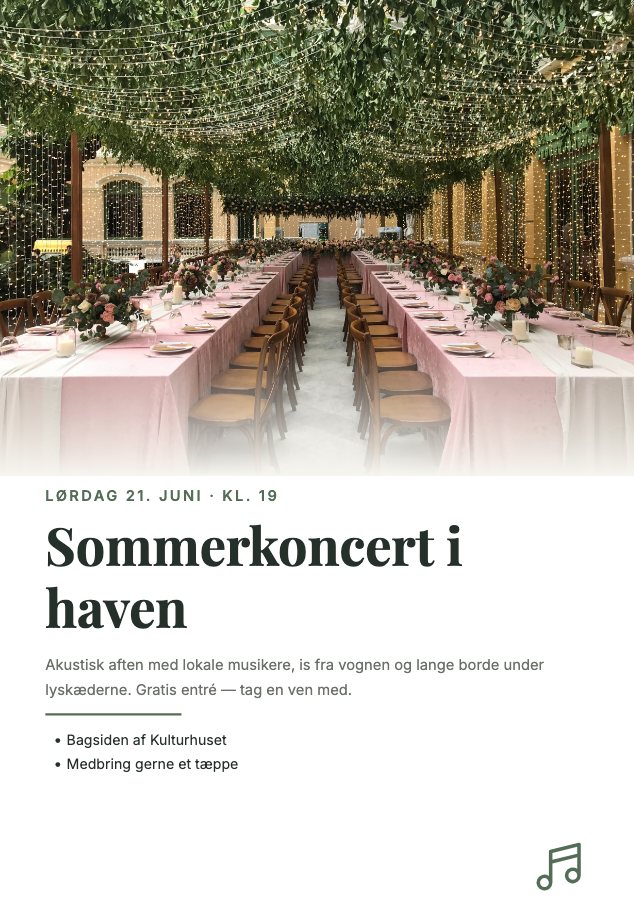 En flyer til en sommerkoncert, lavet af en AI-assistent i HeyMadeIt