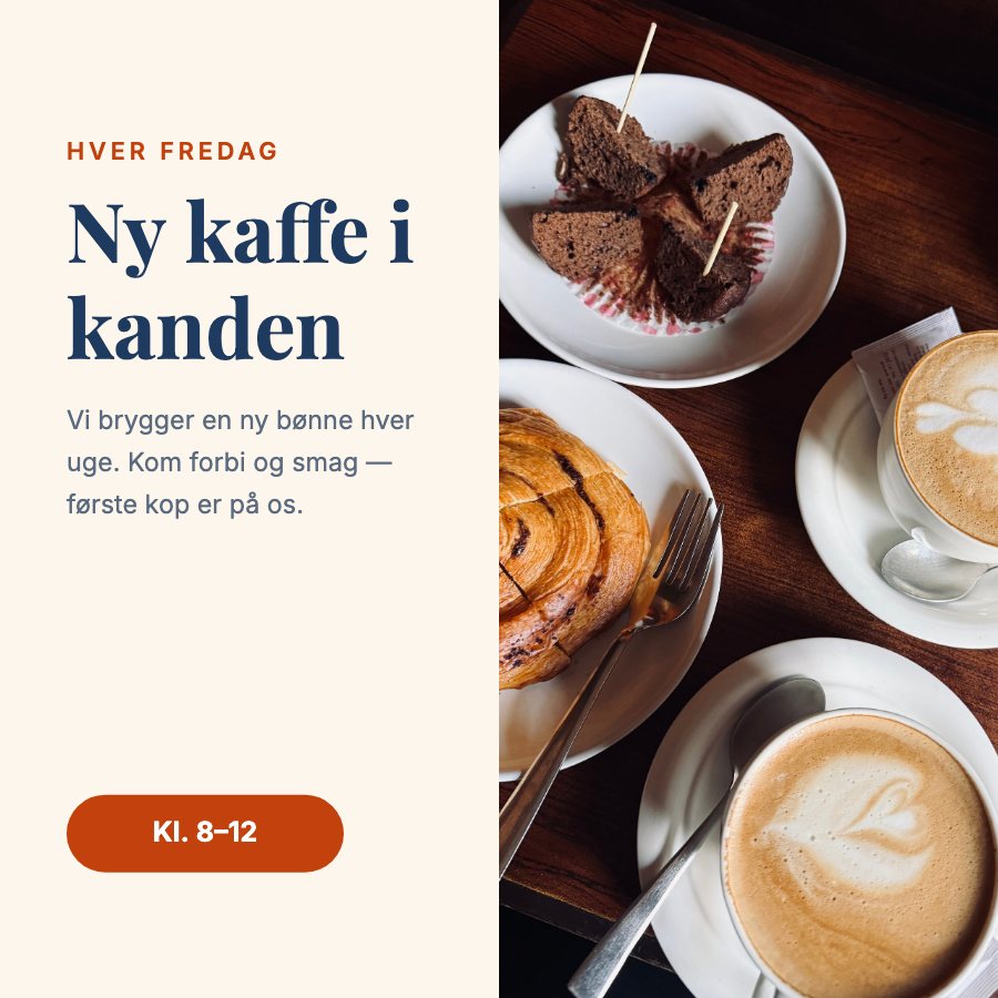 Et opslag om fredagskaffe, lavet af en AI-assistent i HeyMadeIt