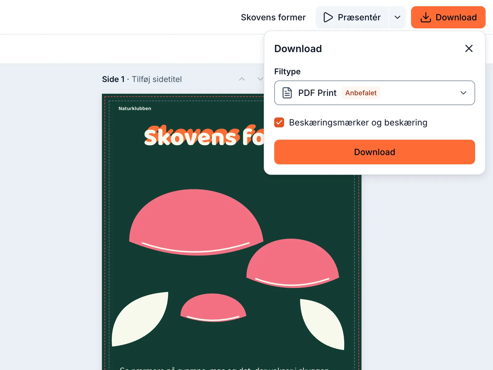 Downloadpanelet i editoren med PDF Print valgt