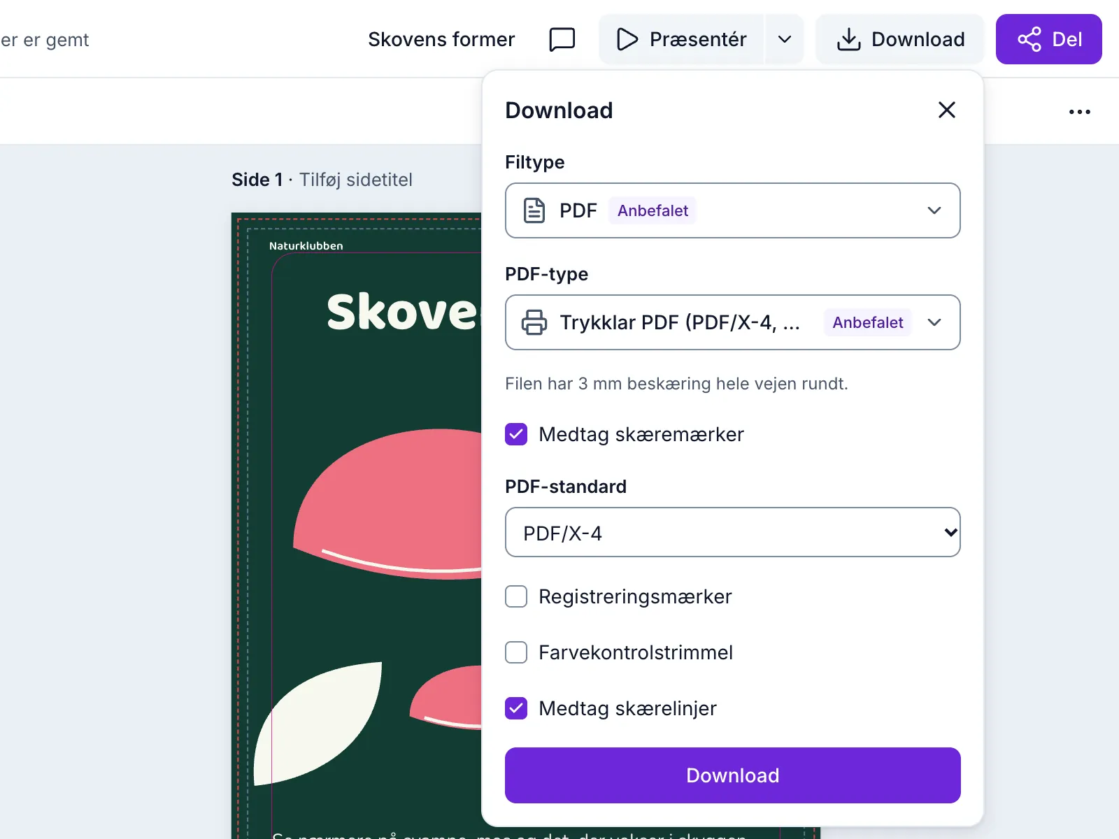 Downloadpanelet med PDF/X-4, preflight og skærelinjer