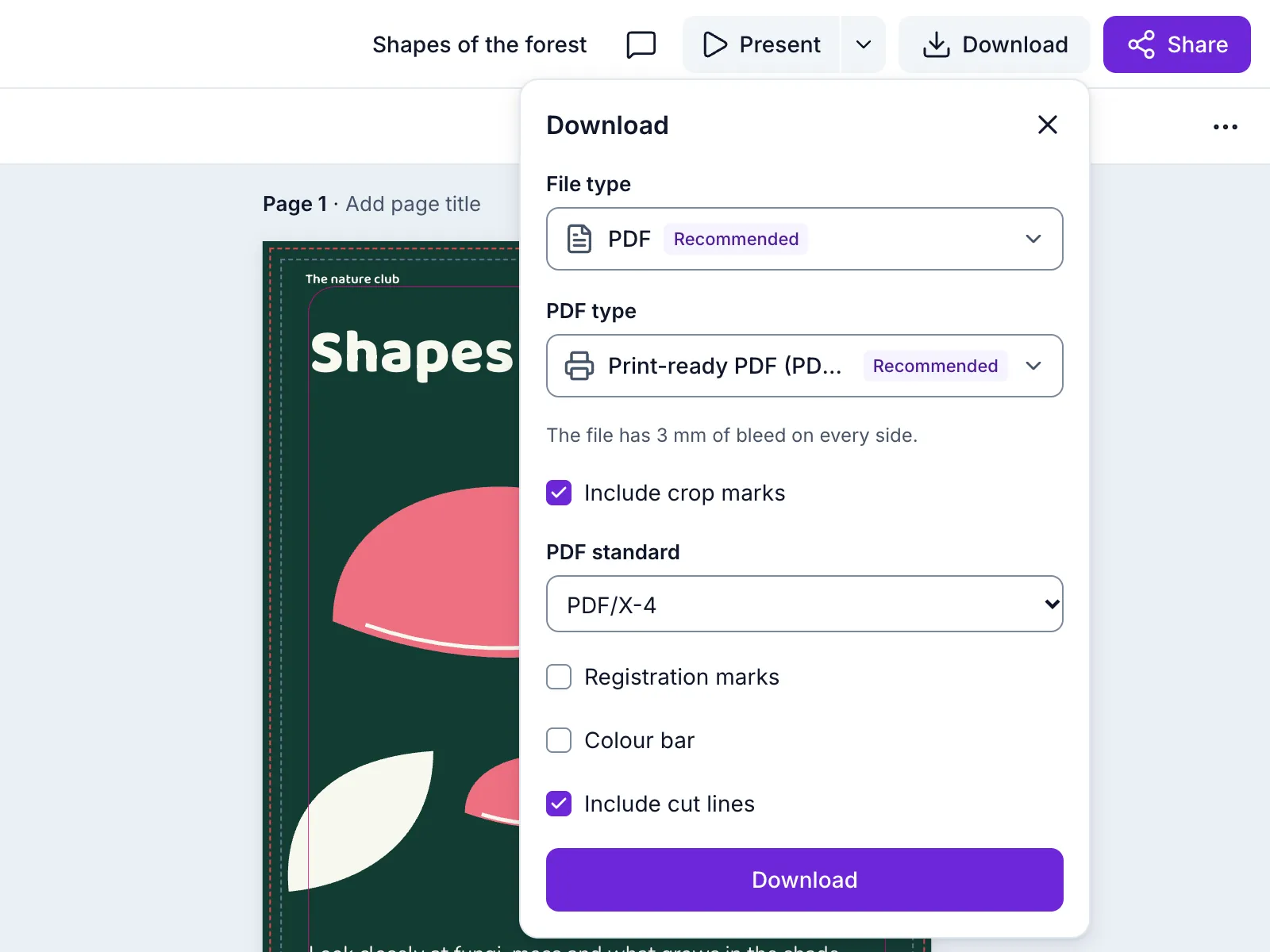 Il pannello di download con PDF/X-4, preflight e linee di taglio
