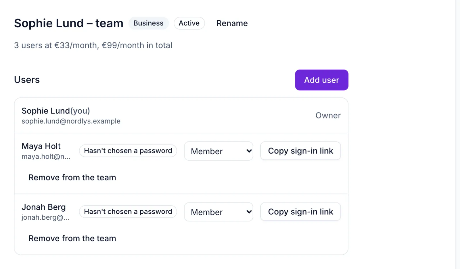 Utenti e ruoli del team nelle impostazioni