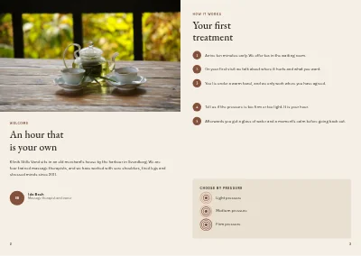 Pages 2–3 of Treatments and prices for a massage clinic – 12 pages