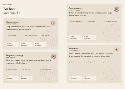 Pages 4–5 of Treatments and prices for a massage clinic – 12 pages