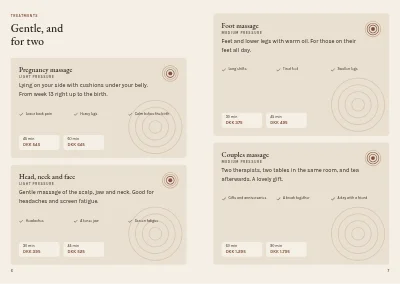 Pages 6–7 of Treatments and prices for a massage clinic – 12 pages