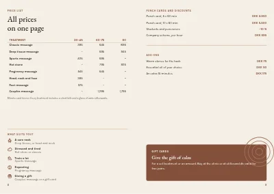 Pages 8–9 of Treatments and prices for a massage clinic – 12 pages