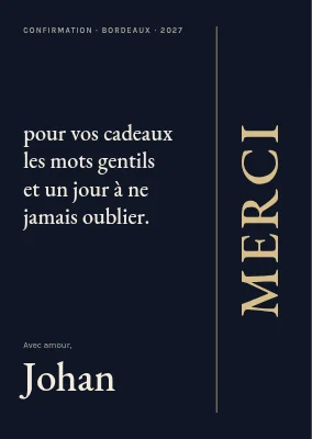 Carte de remerciement — remerciements dorés à la verticale sur fond noir