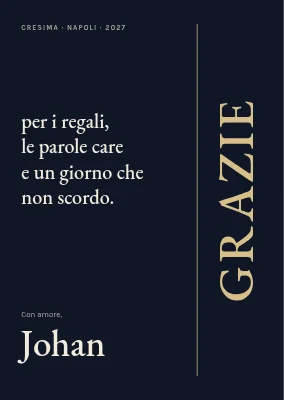 Biglietto di ringraziamento — grazie dorato verticale su nero