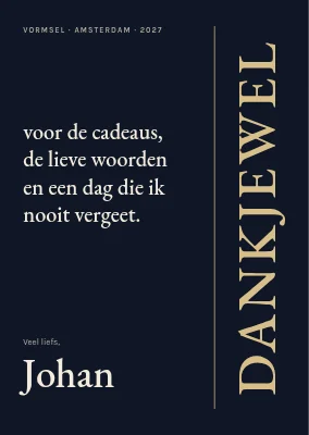 Bedankkaart — verticale gouden bedanktekst op zwart