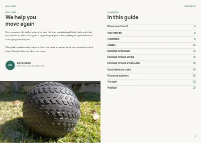 Pages 2–3 of Physiotherapy clinic patient guide – 24 pages