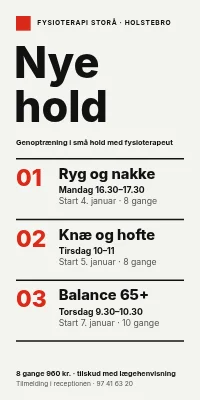 Dørplakat til fysioterapi — nye hold i genoptræning