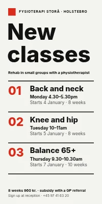 Door poster for a physiotherapy clinic — new rehab classes