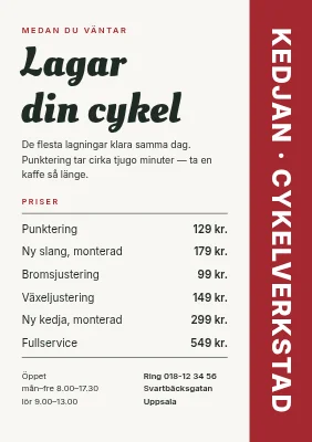 Cykelverkstad — prislista
