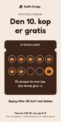 Dørplakat til café — kaffeklub, den 10. kop er gratis