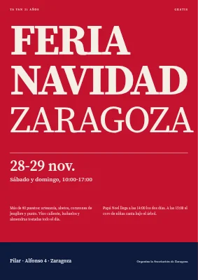 Mercado festivo — tipografía gigante sobre rojo cereza