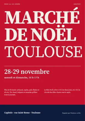 Marché de fête — typo géante sur rouge cerise