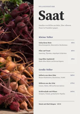 Veganes Restaurant — geteilte Speisekarte mit Wurzelgemüse