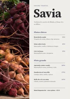 Página 1 de Restaurante vegano — menú dividido con verduras de raíz