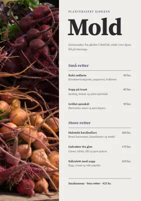 Side 1 av Vegansk restaurant — delt meny med rotgrønnsaker