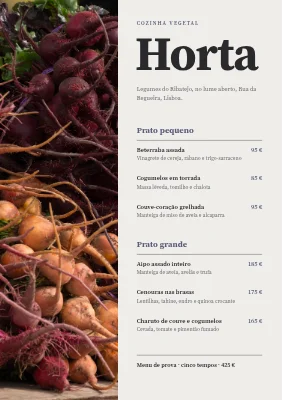Página 1 de Restaurante vegano — menu dividido com legumes de raiz