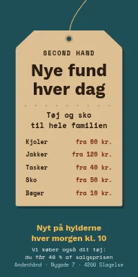 Dørplakat til genbrugsbutik — nye fund hver dag