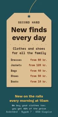 Door poster for a second-hand shop — new finds daily