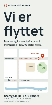 Dørplakat til butik — vi er flyttet, med kortskitse