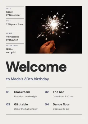 30th birthday — Swiss-grid welcome sign