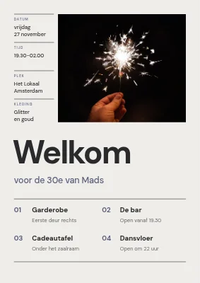 30e verjaardag — welkomstbord in Zwitsers rasterontwerp