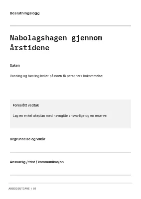 Bydelshagen gjennom årstidene — Beslutningslogg