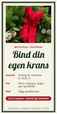 Dørplakat til blomsterbutik — workshop, bind din egen krans