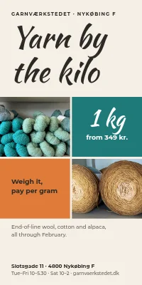 Door poster for a yarn shop — yarn by the kilo