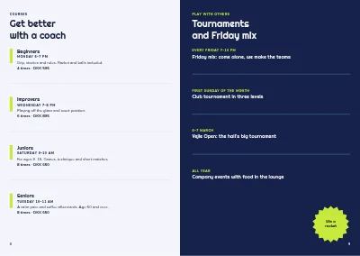 Pages 8–9 of Brochure for a padel centre – 12 pages