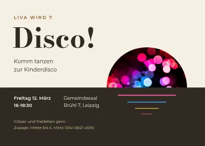 Kinderdisco — Einladung mit leuchtender Disco-Sonne