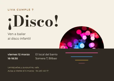 Disco infantil — invitación con un sol de discoteca brillante