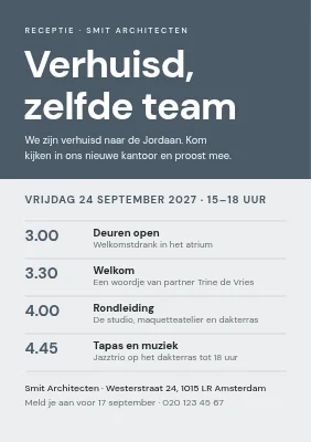 Uitnodiging receptie — nieuwe bedrijfsruimte