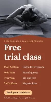 Door poster for a yoga studio — new classes and a free trial