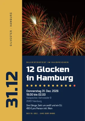 Neujahrsparty — goldener Buchrücken und Feuerwerk
