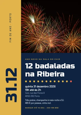 Festa de Ano Novo — lombada dourada e fogo de artifício