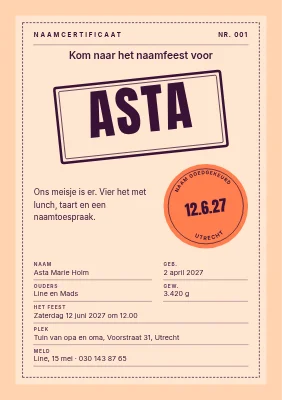 Naamgevingsfeest — gestempeld naamcertificaat
