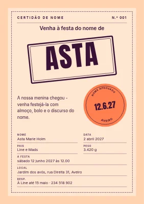 Festa do nome — certificado de nome carimbado
