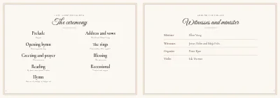 Seiten 4–5 von Wedding programme with songs and seating plan – 24 pages