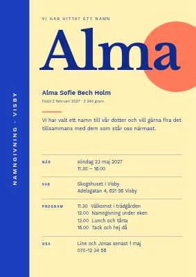 Namngivningsfest — barnets namn i stor serif