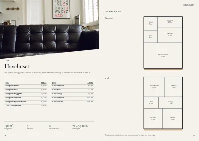 Side 18–19 af Salgsbrochure for nybyggeri af rækkehuse – 32 sider