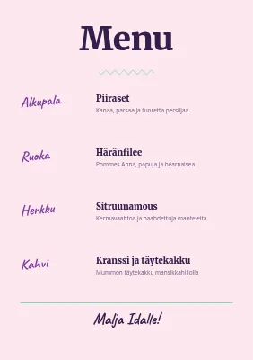 Sivu 2 – Rippijuhlan ruokalista — pastellisävyiset polaroidit