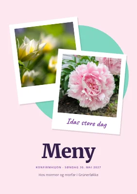 Konfirmasjonsmeny — pastellfargede polaroider