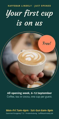 Door poster for a café — just opened, first cup free