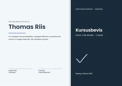 Kursusbevis — Excel for øvede