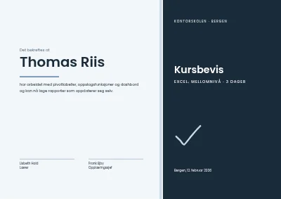 Kursbevis — Excel, viderekommen