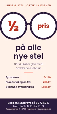 Dørplakat til optiker — nyt stel til halv pris